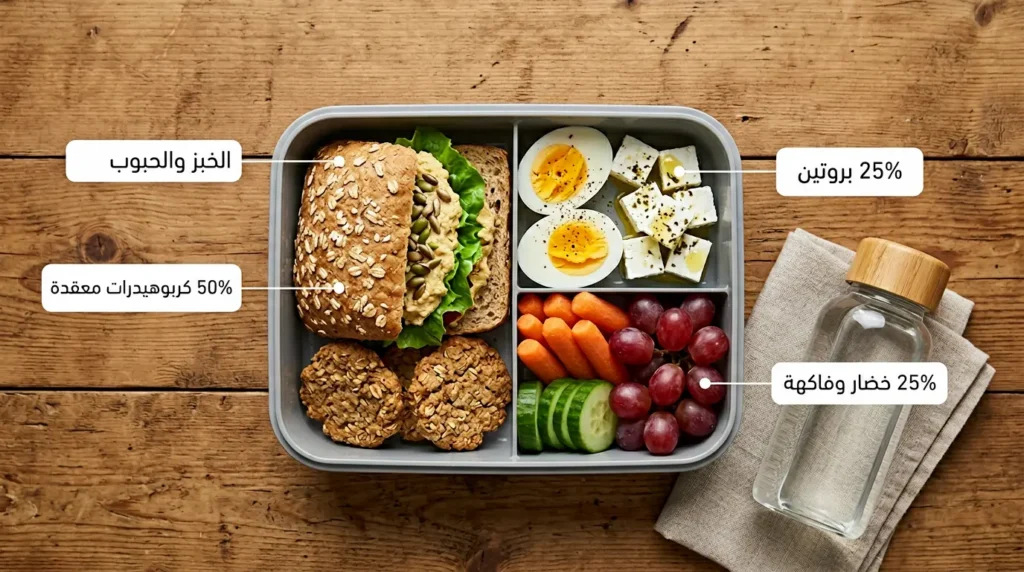 صورة علوية لصندوق طعام مدرسي مقسم إلى ثلاثة أقسام: نصفه كربوهيدرات معقدة وربعه بروتين وربعه خضار وفاكهة طازجة
