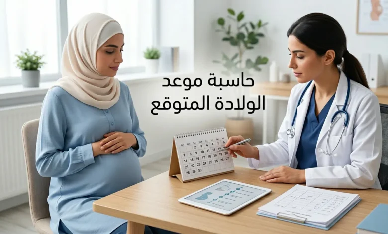 صورة غلاف واقعية لطبيبة تشير إلى تقويم موعد الولادة المتوقع بجانب امرأة حامل في عيادة نسائية