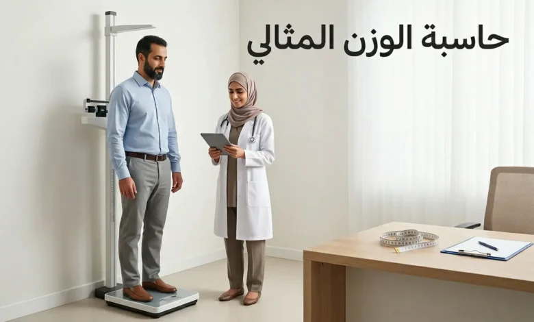 غلاف واقعي لحاسبة الوزن المثالي يوضح قياس الطول والوزن في بيئة طبية احترافية