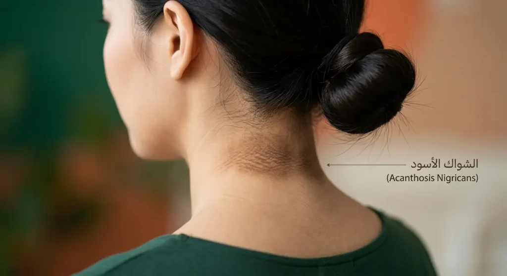 صورة مقربة تظهر علامة الشواك الأسود على رقبة امرأة، وهي من علامات مقاومة الإنسولين.