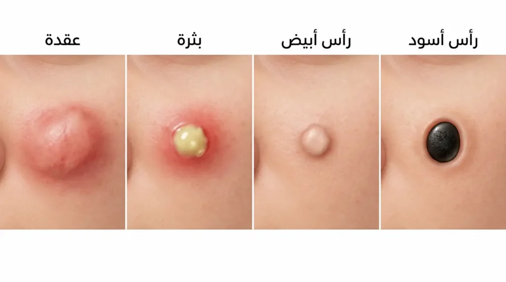 مقارنة بصرية طبية بين رأس أسود ورأس أبيض وبثرة وعقدة على الجلد