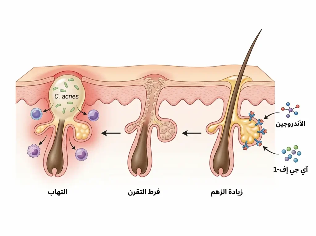 مخطط طبي يوضح دور الأندروجين وآي جي إف-1 في زيادة الزهم وفرط التقرن وحدوث الالتهاب في حب الشباب