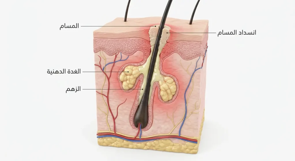 رسم طبي ثلاثي الأبعاد يوضح مقطعاً في الجلد مع الغدة الدهنية والزهم وانسداد المسام المؤدي إلى حب الشباب
