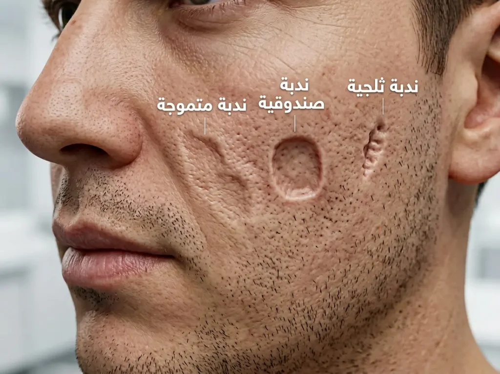 رسم طبي ثلاثي الأبعاد يقارن بين الندبة الثلجية والندبة الصندوقية والندبة المتموجة بعد حب الشباب