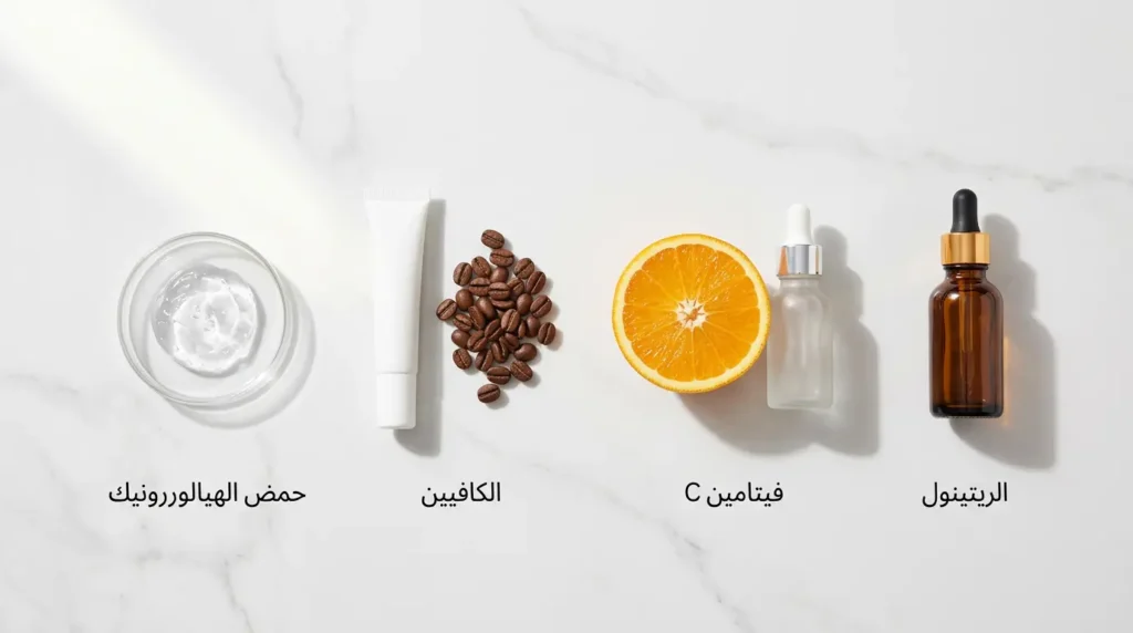 تصوير احترافي للمكونات الفعالة الأربعة في علاج الهالات السوداء: الريتينول وفيتامين C والكافيين وحمض الهيالورونيك
