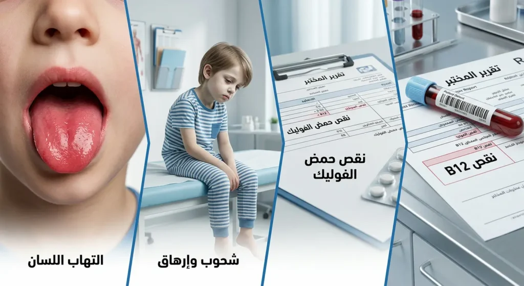 صورة توضيحية طبية واقعية تربط بين نقص فيتامين B12 ونقص حمض الفوليك وبين شحوب الطفل والتهاب اللسان الناتج عن نقص الفيتامينات