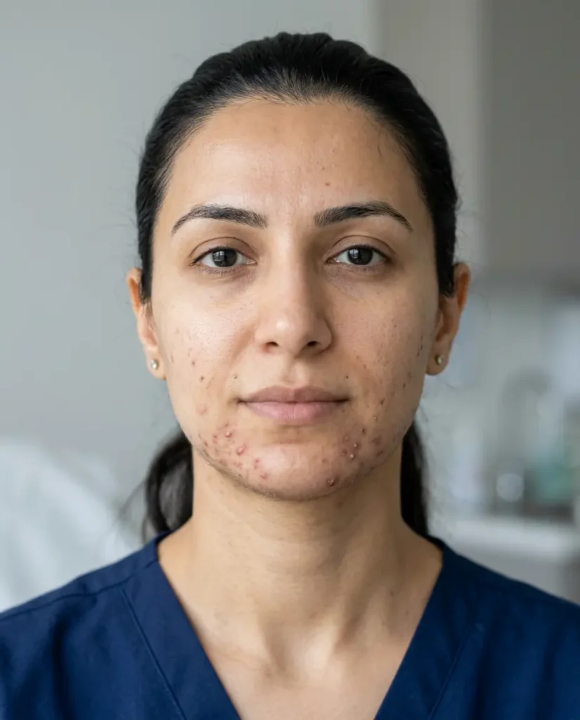 صورة سريرية واقعية لامرأة عربية بالغة يظهر لديها حب شباب متركز على خط الفك والذقن