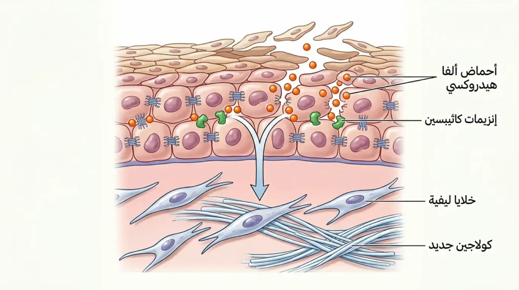 رسم توضيحي طبي واقعي يُظهر الآلية الجزيئية لعمل أحماض ألفا هيدروكسي في تفكيك الوصلات بين الخلايا وتحفيز إنتاج الكولاجين عبر الخلايا الليفية