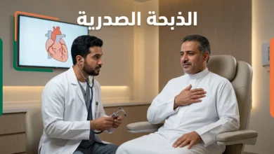 صورة غلاف لمقالة طبية عن الذبحة الصدرية تُظهر رجلاً عربياً يضع يده على صدره بتعبير انزعاج داخل عيادة قلب حديثة بجانب طبيب قلب يحمل سماعة طبية