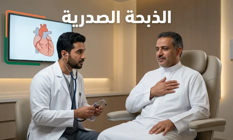صورة غلاف لمقالة طبية عن الذبحة الصدرية تُظهر رجلاً عربياً يضع يده على صدره بتعبير انزعاج داخل عيادة قلب حديثة بجانب طبيب قلب يحمل سماعة طبية