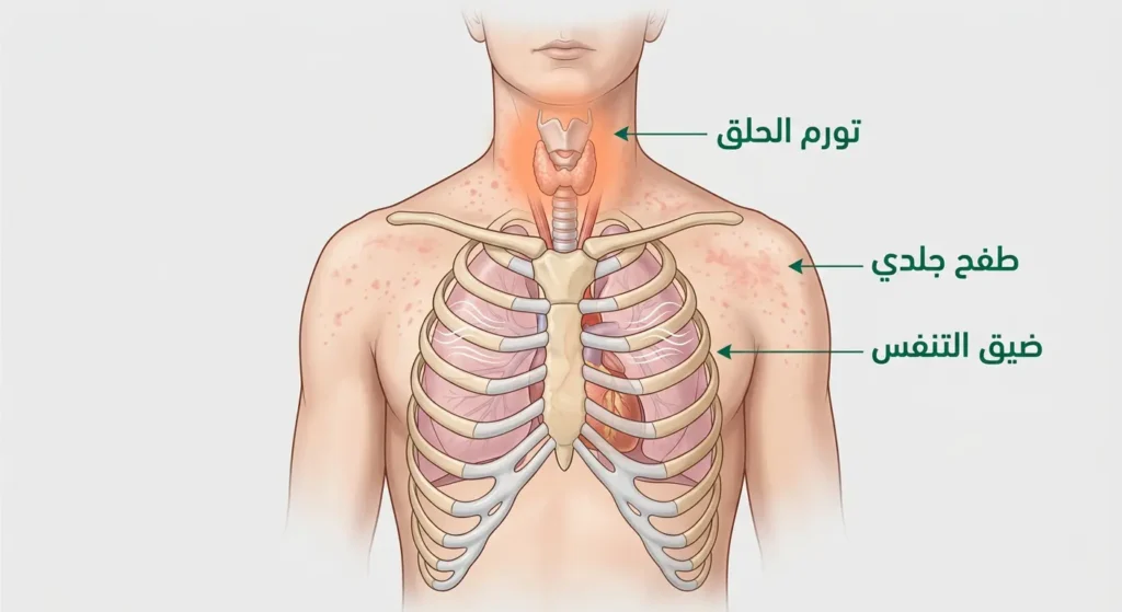 صورة طبية واقعية توضح أعراض صدمة الحساسية الشديدة الناجمة عن المضادات الحيوية وتتضمن مؤشرات تحذيرية طبية