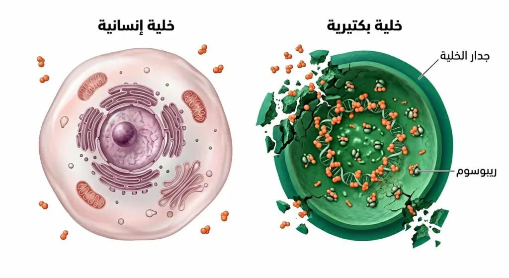 رسم تشريحي واقعي يُظهر كيف تهاجم المضادات الحيوية جدار الخلية البكتيرية وتُعطّل الريبوسوم
