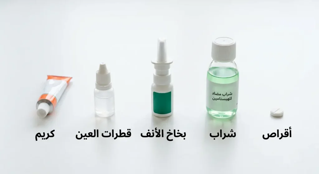 عرض واقعي للأشكال الصيدلانية المختلفة لمضادات الهيستامين تشمل الأقراص والشراب وبخاخ الأنف وقطرات العين والكريم