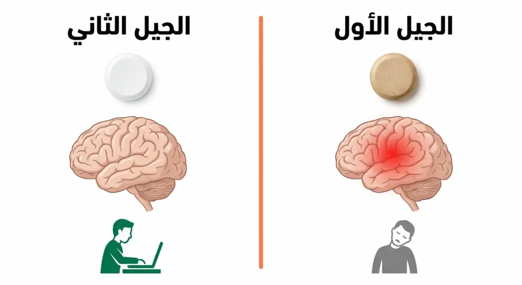  مقارنة مرئية واقعية بين مضادات الهيستامين من الجيل الأول والجيل الثاني من حيث التأثير على الدماغ والنعاس