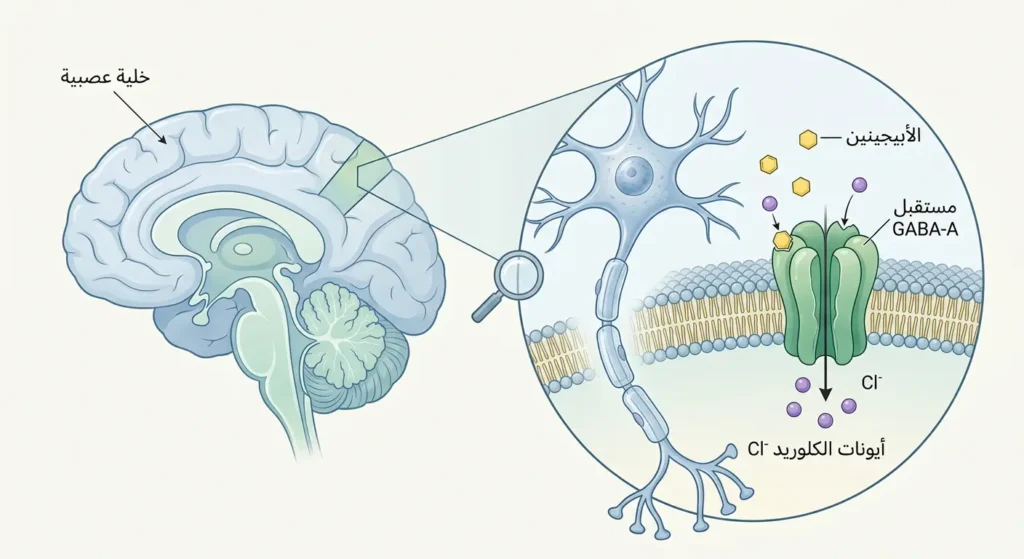 رسم توضيحي طبي يُظهر آلية ارتباط الأبيجينين بمستقبلات GABA-A على الخلية العصبية وتدفق أيونات الكلوريد لتهدئة النشاط العصبي