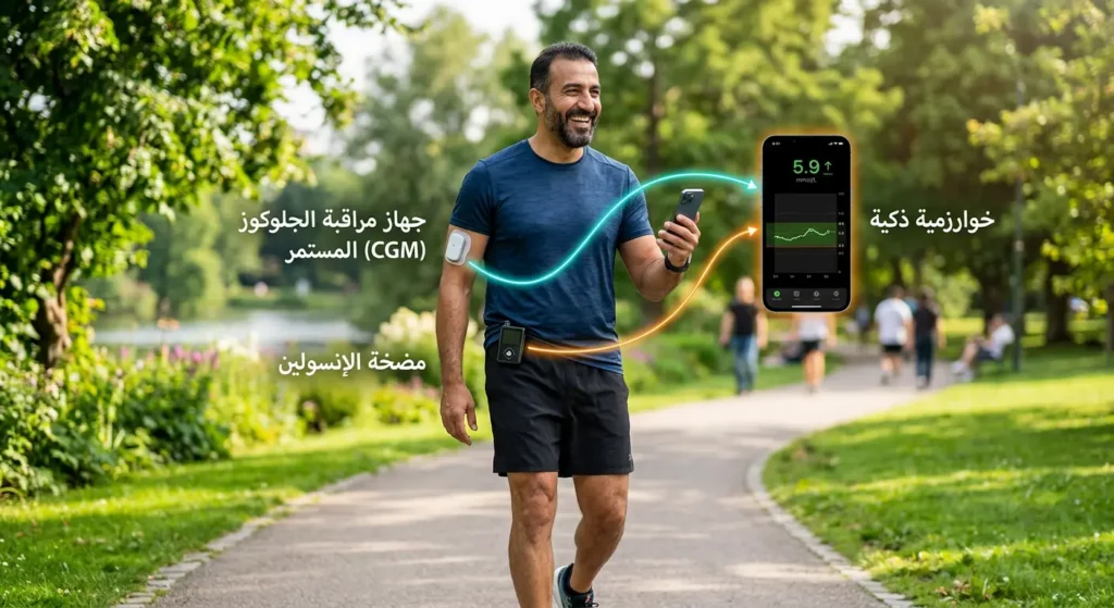 رجل مصاب بالسكري يعيش حياة طبيعية ونشطة بفضل استخدام نظام البنكرياس الاصطناعي الذي يتكون من جهاز مراقبة الجلوكوز ومضخة إنسولين.