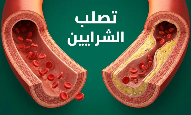 صورة غلاف توضيحية تُظهر مقطعاً عرضياً لشريان بشري، الجانب الأيمن سليم والجانب الأيسر يُظهر تراكم اللويحات الدهنية المسببة لتصلب الشرايين مع تضيّق واضح في تجويف الشريان