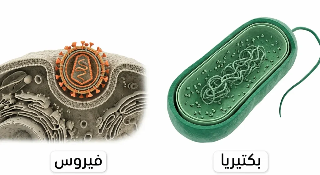 مقارنة بصرية واقعية بين خلية بكتيرية وجسيم فيروسي توضح سبب عدم تأثير المضادات الحيوية على الفيروسات