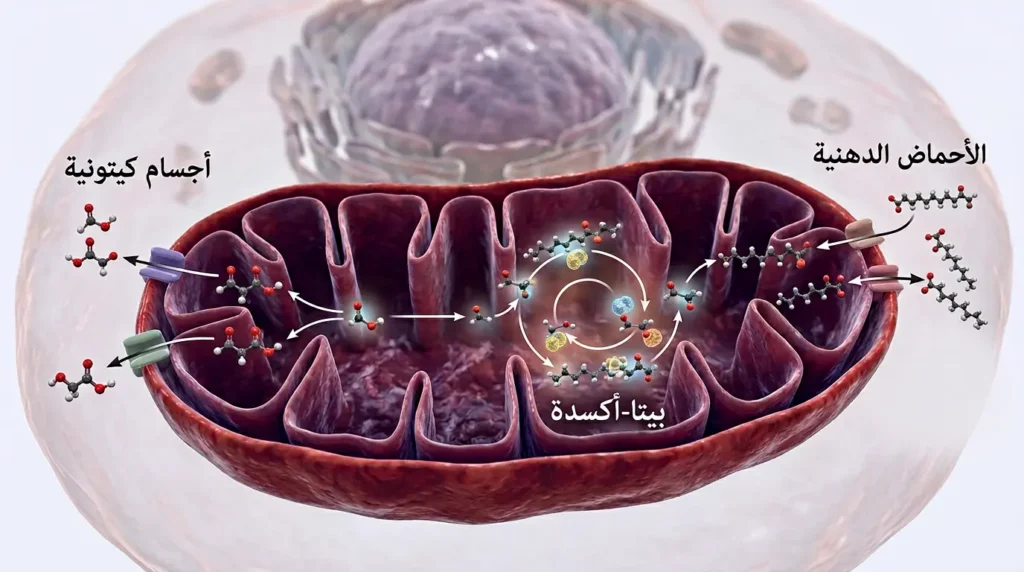 رسم ثلاثي الأبعاد واقعي يوضح مسار بيتا-أكسدة الأحماض الدهنية داخل ميتوكوندريا خلية الكبد وإنتاج الأجسام الكيتونية