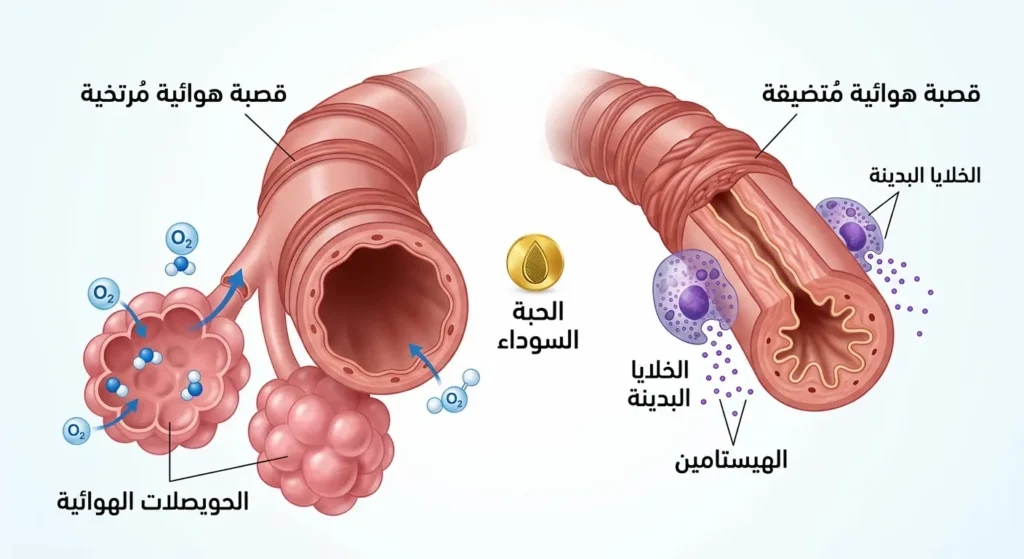 رسم توضيحي طبي يُظهر مقطع عرضي للقصبات الهوائية والحويصلات الهوائية ودور الحبة السوداء في تثبيط الهيستامين وتوسيع المجاري التنفسية