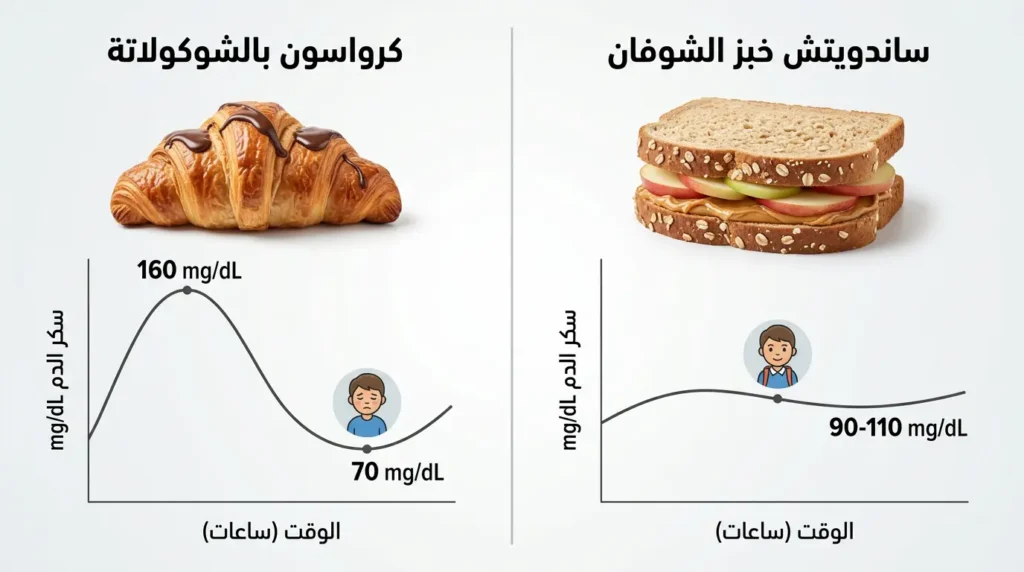 رسم بياني يقارن بين استجابة سكر الدم لطفل تناول كرواسون بالشوكولاتة مع ارتفاع حاد ثم انهيار مفاجئ، وطفل تناول ساندويتش خبز شوفان مع مستوى سكر مستقر لساعات