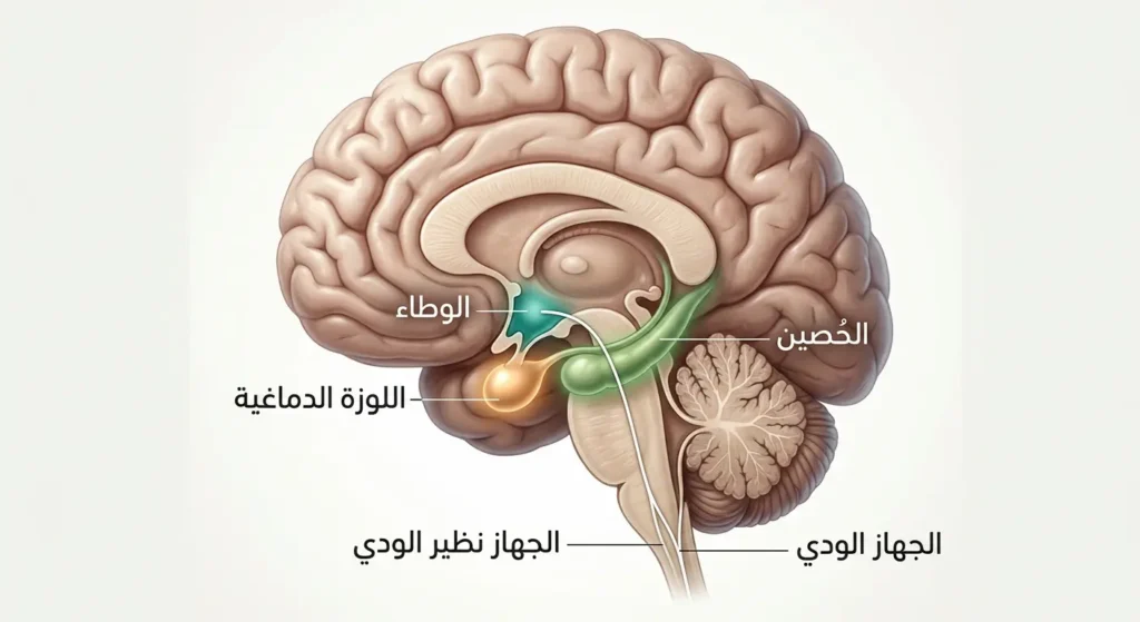 مقطع تشريحي للدماغ يُظهر اللوزة الدماغية والوطاء والحُصين ومسار انتقال الصدمة العاطفية إلى الجهاز العصبي اللاإرادي
