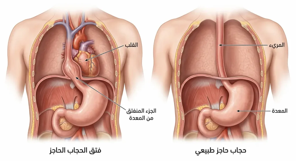رسم تشريحي واقعي يُقارن بين الحجاب الحاجز الطبيعي وحالة فتق الحجاب الحاجز حيث يندفع جزء من المعدة إلى التجويف الصدري ويضغط على القلب