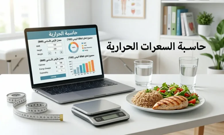صورة غلاف واقعية لحاسبة السعرات الحرارية تُظهر جهازاً رقمياً مع واجهة حساب السعرات ووجبة متوازنة وميزان مطبخ وشريط قياس في بيئة تغذوية طبية احترافية
