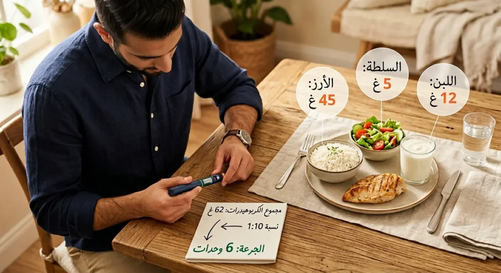 صورة تعليمية توضح كيفية حساب الكربوهيدرات في وجبة طعام لحساب جرعة الإنسولين لمريض السكري.