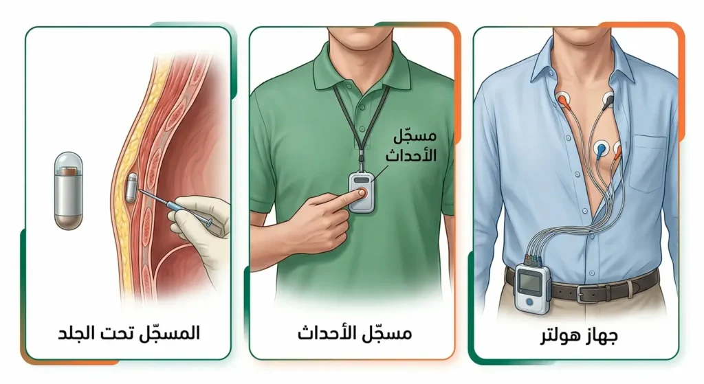 ثلاثة أجهزة لمراقبة كهرباء القلب تشمل جهاز هولتر ومسجّل الأحداث والمسجّل تحت الجلد مع توضيح طريقة استخدام كل منها