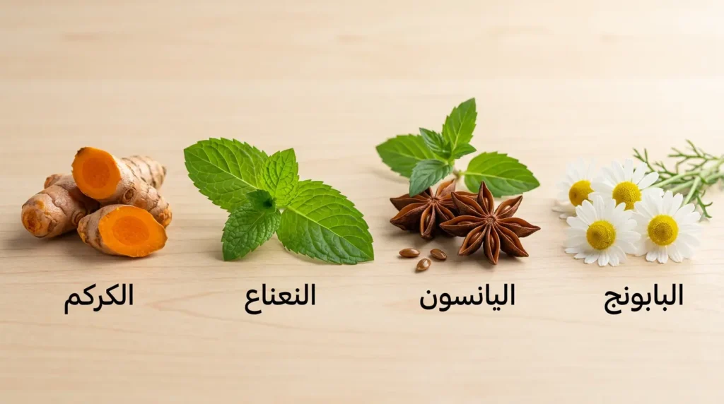 صورة ماكرو احترافية لأربعة أعشاب طبية تُستخدم مع حمية برات وهي البابونج واليانسون والنعناع والكركم مرتبة على سطح خشبي طبيعي