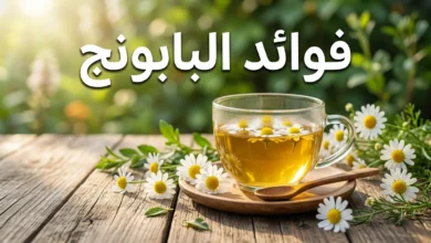 صورة غلاف تعرض كوباً زجاجياً من شاي البابونج الذهبي على طاولة خشبية محاطاً بأزهار البابونج الطازجة مع عبارة فوائد البابونج