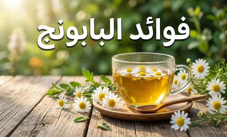 صورة غلاف تعرض كوباً زجاجياً من شاي البابونج الذهبي على طاولة خشبية محاطاً بأزهار البابونج الطازجة مع عبارة فوائد البابونج