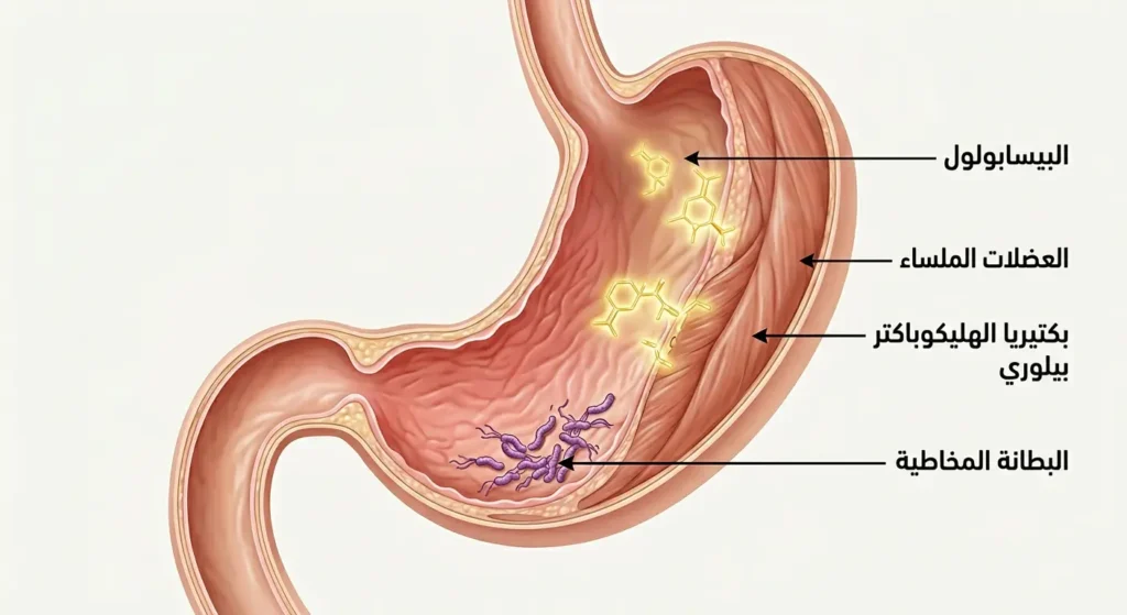 رسم توضيحي طبي يُظهر مقطعاً عرضياً للمعدة يوضح تأثير البيسابولول على البطانة المخاطية والعضلات الملساء وتثبيط بكتيريا الهليكوباكتر بيلوري