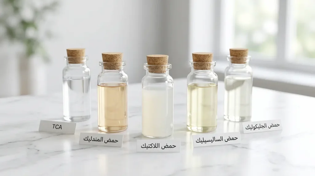 صورة واقعية تعرض خمسة أوعية زجاجية تحتوي على الأحماض الخمسة الرئيسية المستخدمة في التقشير الكيميائي مرتبة من اليمين إلى اليسار