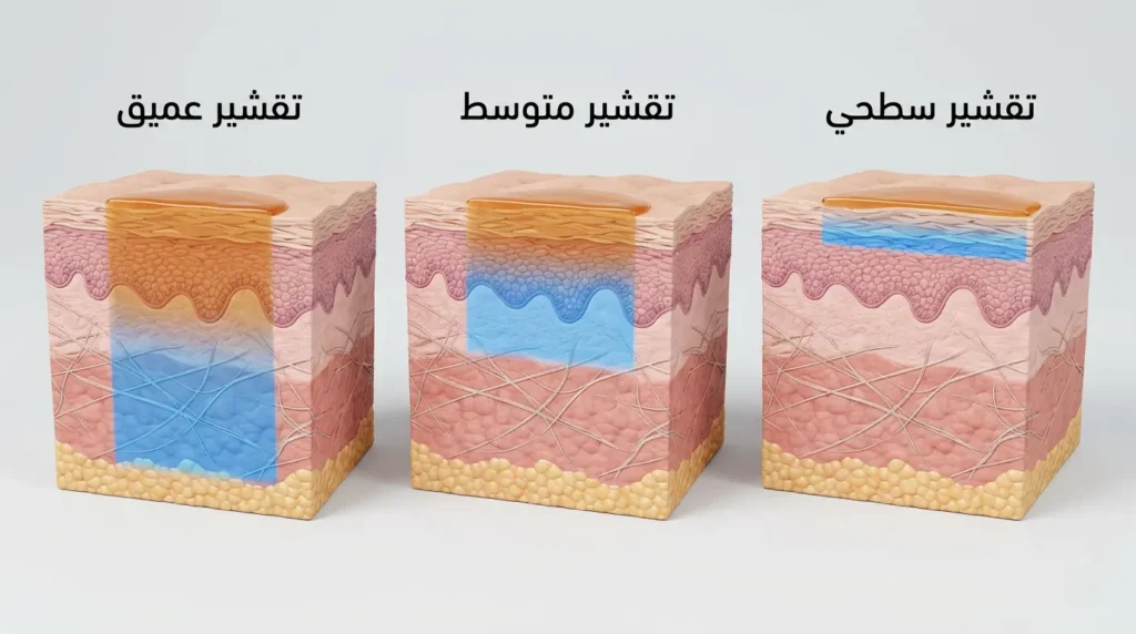 رسم ثلاثي الأبعاد يُقارن بين مستويات التقشير الكيميائي الثلاثة السطحي والمتوسط والعميق مع عمق اختراق كل نوع في طبقات الجلد