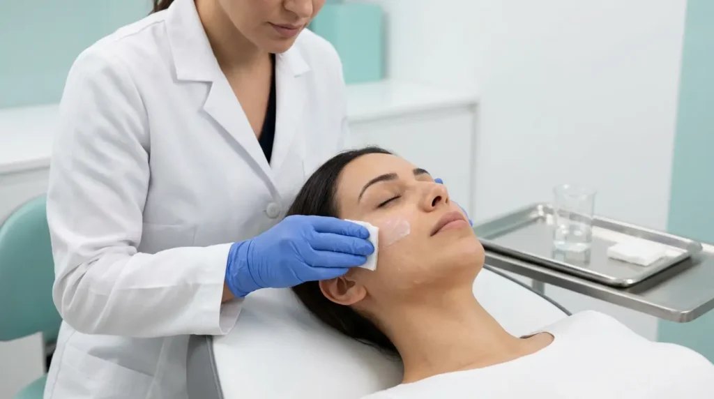 صورة واقعية لطبيبة جلدية تُطبّق محلول تقشير كيميائي متوسط على خد مريضة مع ظهور التفاعل الزجاجي الأبيض على سطح الجلد