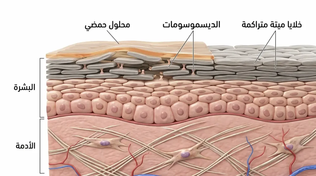 رسم توضيحي طبي واقعي يُظهر مقطعاً عرضياً لطبقات الجلد وآلية عمل التقشير الكيميائي في تفكيك الروابط بين الخلايا الميتة