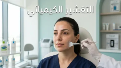 صورة غلاف تُظهر طبيبة جلدية تُطبّق جلسة تقشير كيميائي على وجه امرأة في عيادة حديثة مع ظهور عبارة التقشير الكيميائي