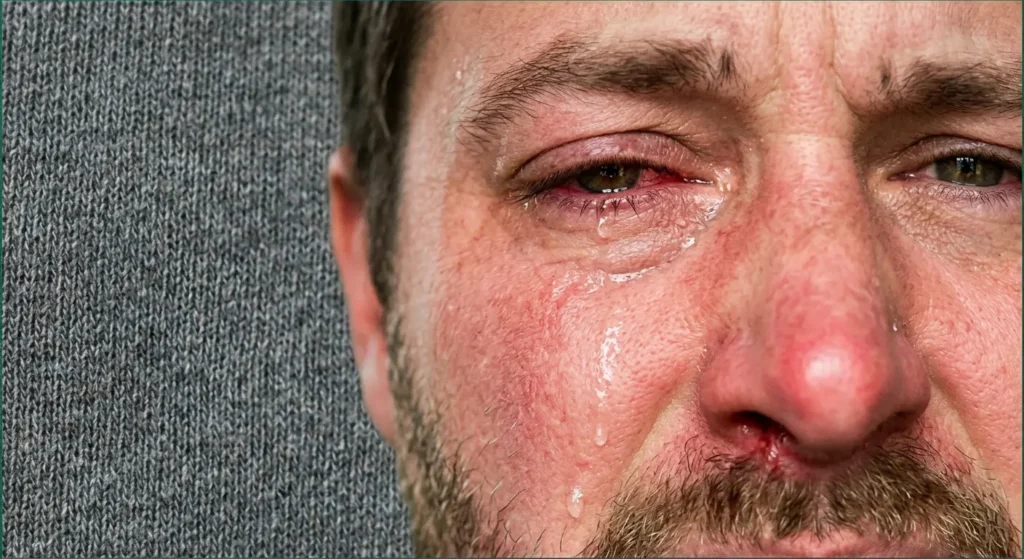 وجه رجل يعاني من أعراض الصداع العنقودي تشمل احمرار العين وتدميعها وتدلي الجفن وانسداد الأنف في الجانب الأيمن