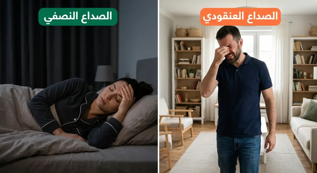 مقارنة بصرية بين مريض الصداع العنقودي الذي يتمشى بتوتر ومريضة الصداع النصفي المستلقية في الهدوء