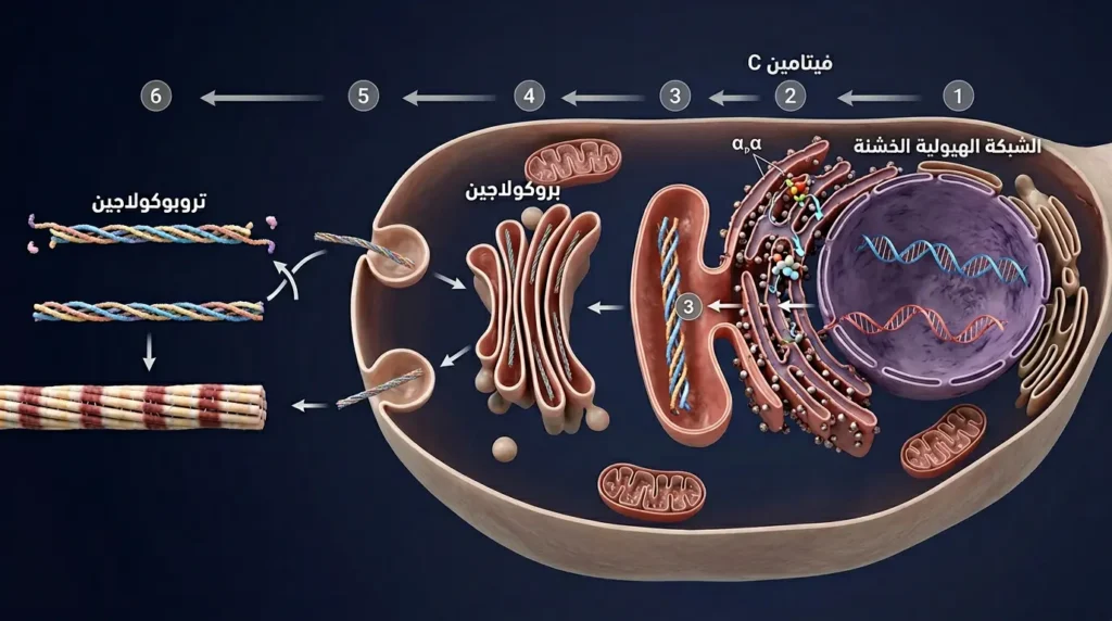 رسم ثلاثي الأبعاد يوضّح مراحل تصنيع الكولاجين من داخل الخلية الليفية إلى خارجها حتى تشكّل الألياف الناضجة