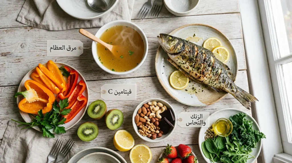 صورة طعام احترافية تعرض أهم المصادر الغذائية لدعم إنتاج الكولاجين مثل مرق العظام والحمضيات والمكسرات