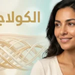 صورة غلاف توضّح مفهوم الكولاجين مع وجه امرأة شابة وألياف كولاجين تحت الجلد