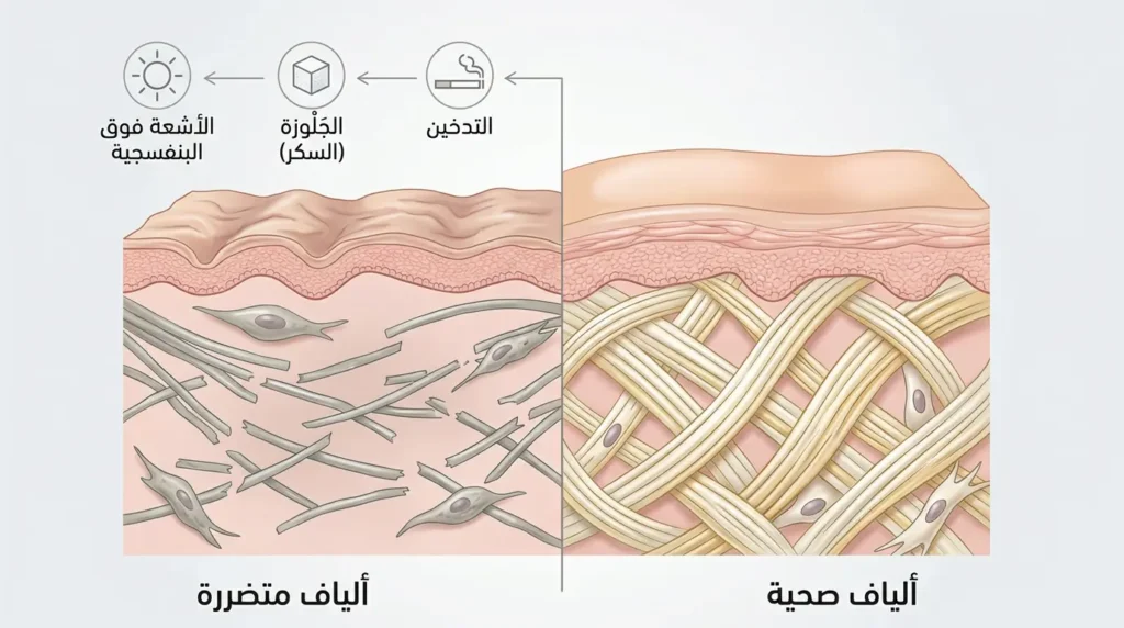 رسم طبي يقارن بين ألياف كولاجين صحية ومتضررة مع عرض عوامل التدمير الرئيسة كالأشعة فوق البنفسجية والسكر والتدخين
