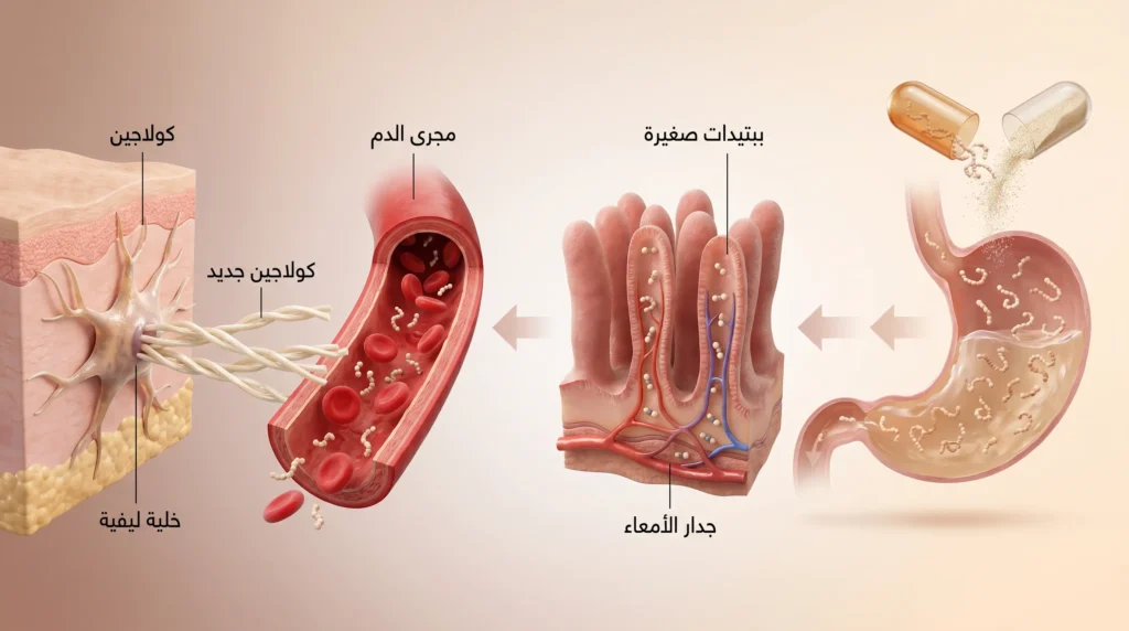 رسم ثلاثي الأبعاد يوضّح رحلة ببتيدات الكولاجين من الأمعاء عبر الدم إلى الخلية الليفية في الجلد حيث تحفّز إنتاج كولاجين جديد