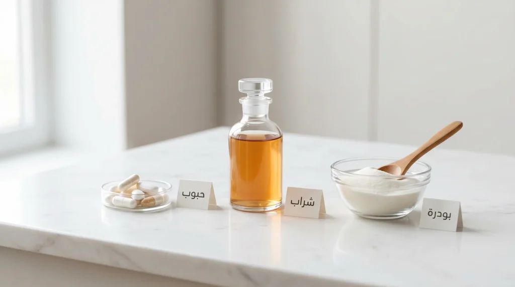 صورة واقعية تعرض ثلاثة أشكال من مكملات الكولاجين: البودرة والشراب والحبوب