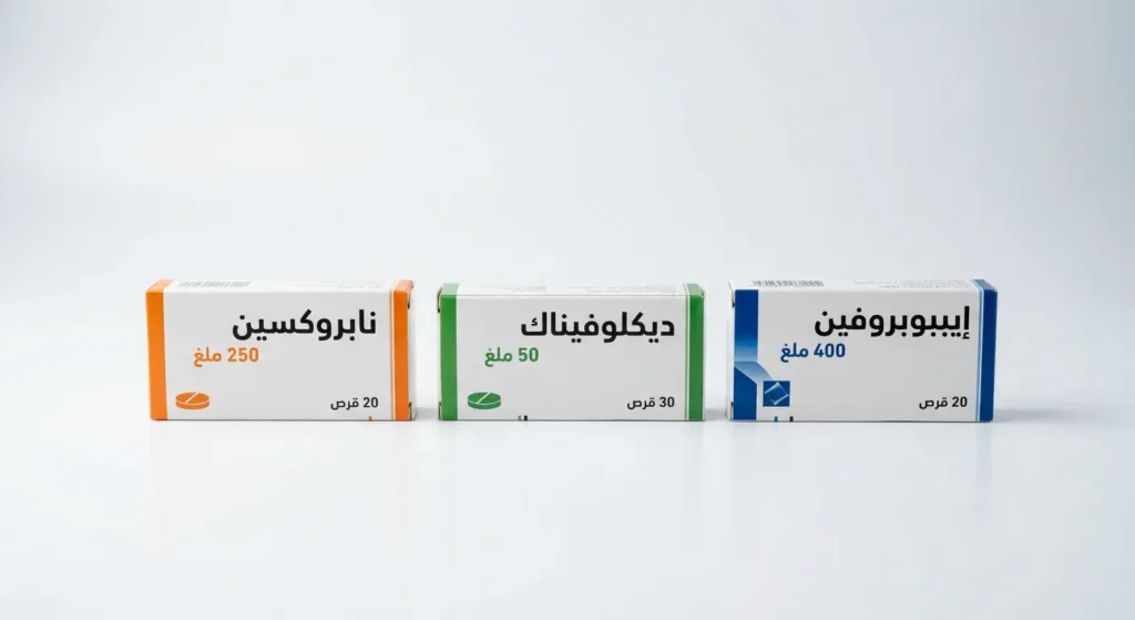 مجموعة من أدوية NSAIDs الشائعة تشمل الإيبوبروفين والديكلوفيناك والنابروكسين مرتبة على سطح نظيف