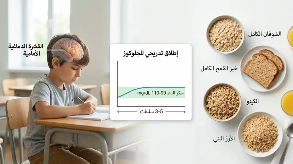 صورة توضيحية واقعية تظهر أطعمة غنية بالكربوهيدرات المعقدة مثل الشوفان والكينوا وخبز القمح الكامل والأرز البني مع مخطط يوضح إطلاق الجلوكوز تدريجياً ودعم تركيز الطفل في الصف