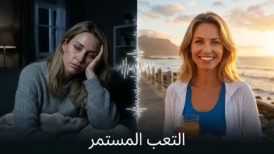 صورة غلاف لمقال عن أسباب التعب المستمر، تظهر امرأة نصفها حيوي ونشيط والنصف الآخر مرهق ومتعب.